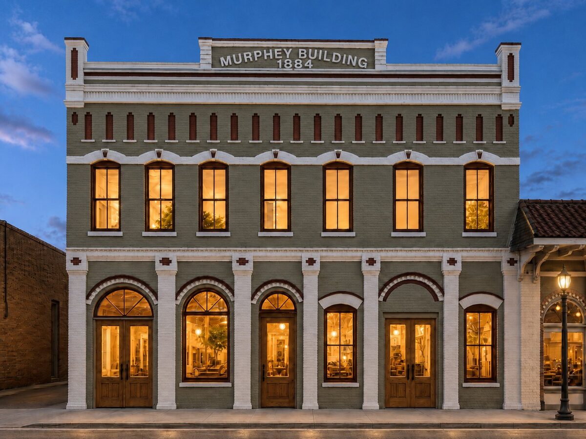 The Murphey Building at twilight with warm window glow